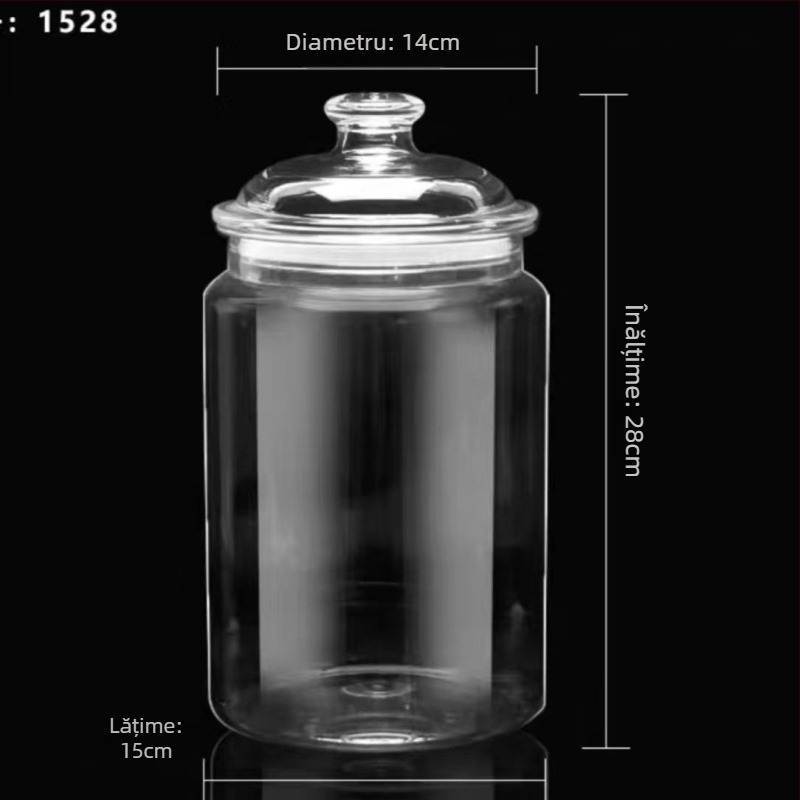Borcan plastic transparent, închis ermetic, îngroșat, 800–1000 ml, pentru depozitarea plantelor medicinale uscate și a altor produse uscate.