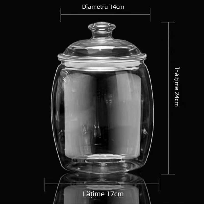 Borcan plastic transparent, închis ermetic, îngroșat, 800–1000 ml, pentru depozitarea plantelor medicinale uscate și a altor produse uscate.