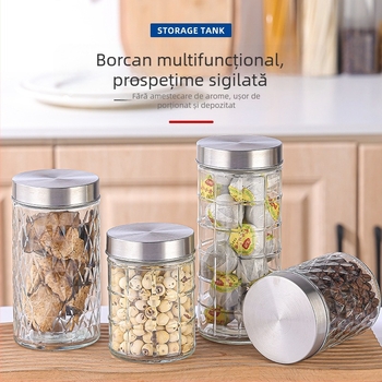 Borcane din sticlă sigilate, rotunde, pentru depozitare alimentară: cereale, nuci, murături, gem și ceai