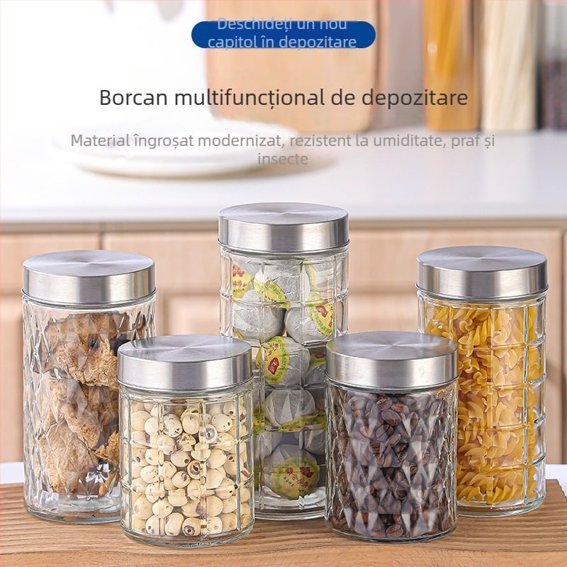 Borcane din sticlă sigilate, rotunde, pentru depozitare alimentară: cereale, nuci, murături, gem și ceai