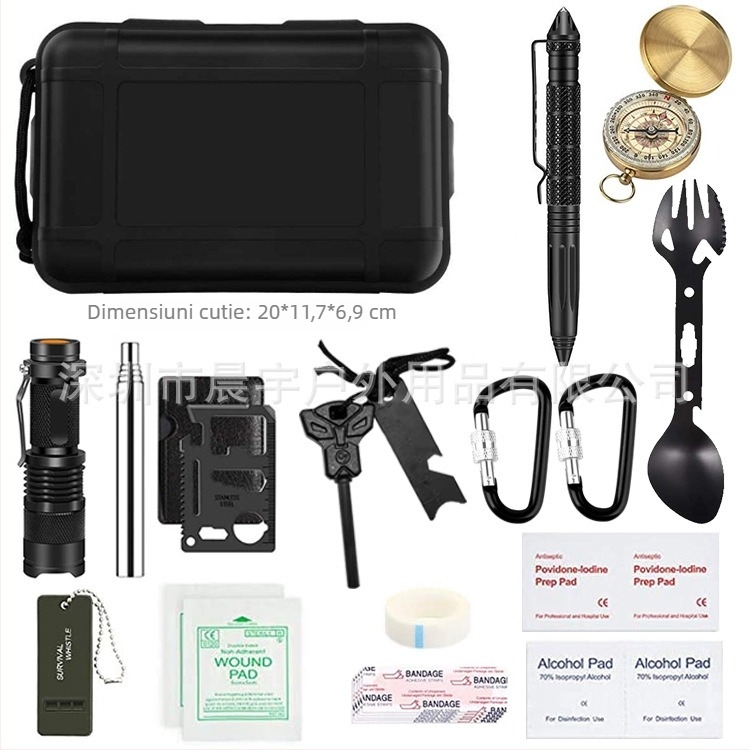 Cutie de supraviețuire cu unelte – set multifunctional pentru supraviețuire în aer liber și prim ajutor