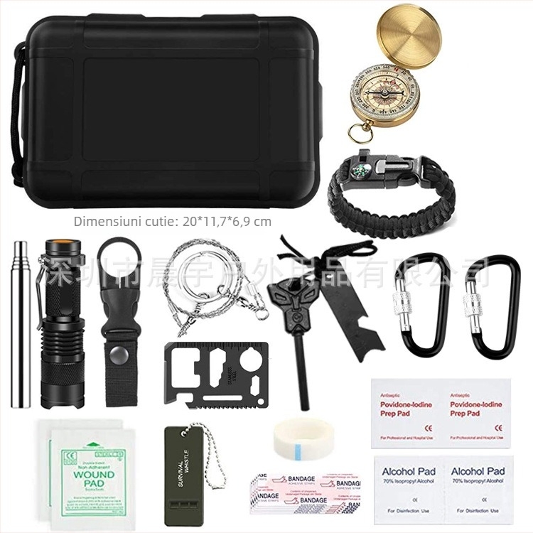 Cutie de supraviețuire cu unelte – set multifunctional pentru supraviețuire în aer liber și prim ajutor