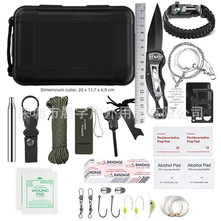 Cutie de supraviețuire cu unelte – set multifunctional pentru supraviețuire în aer liber și prim ajutor