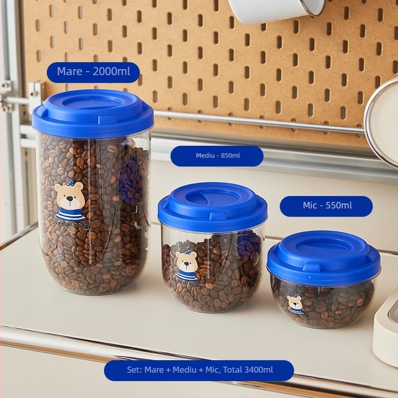 Cutie de depozitare din plastic, trei niveluri, pentru cereale, nuci și semințe; protecție împotriva insectelor și umezelii, transparentă pentru bucătărie și ceai.