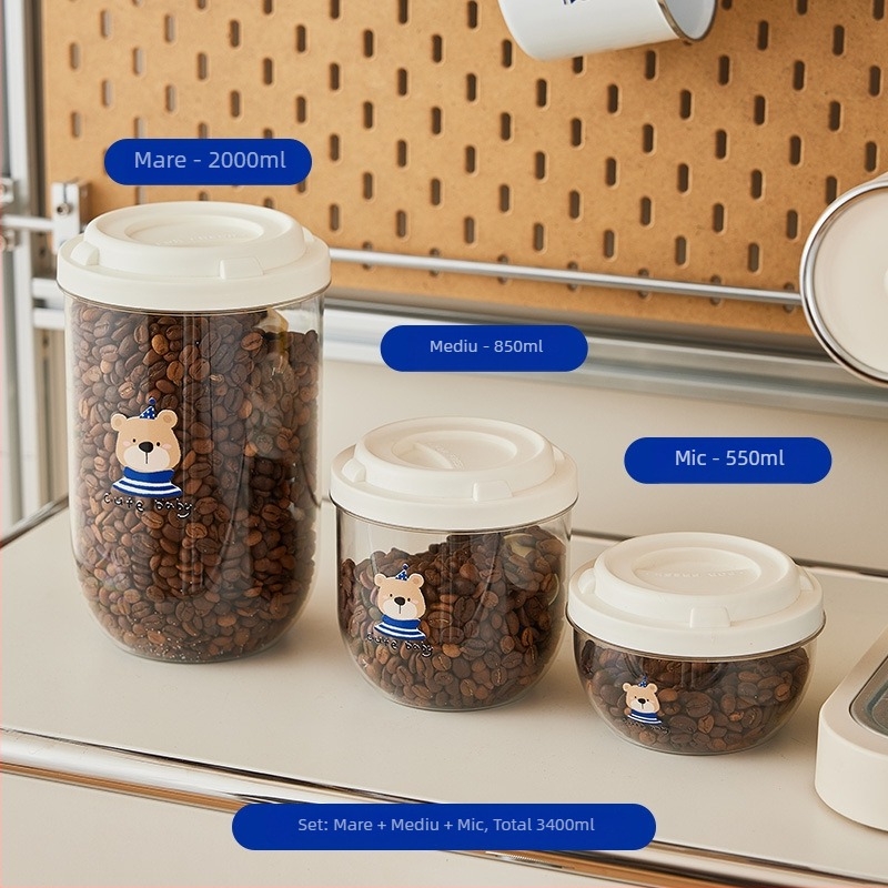 Cutie de depozitare din plastic, trei niveluri, pentru cereale, nuci și semințe; protecție împotriva insectelor și umezelii, transparentă pentru bucătărie și ceai.
