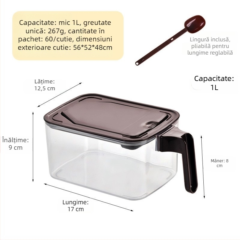 Cutie de depozitare alimentară pătrată, cu capac rabatabil, etanșă, rezistentă la umezeală, pentru cereale și pulberi, capacitate 1–2 L