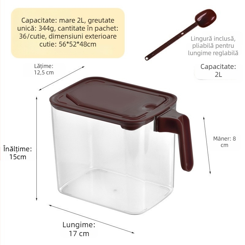 Cutie de depozitare alimentară pătrată, cu capac rabatabil, etanșă, rezistentă la umezeală, pentru cereale și pulberi, capacitate 1–2 L