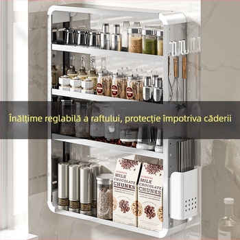 Raft de condimente din oțel inoxidabil, montaj pe perete, fără găuri, cu mai multe etaje