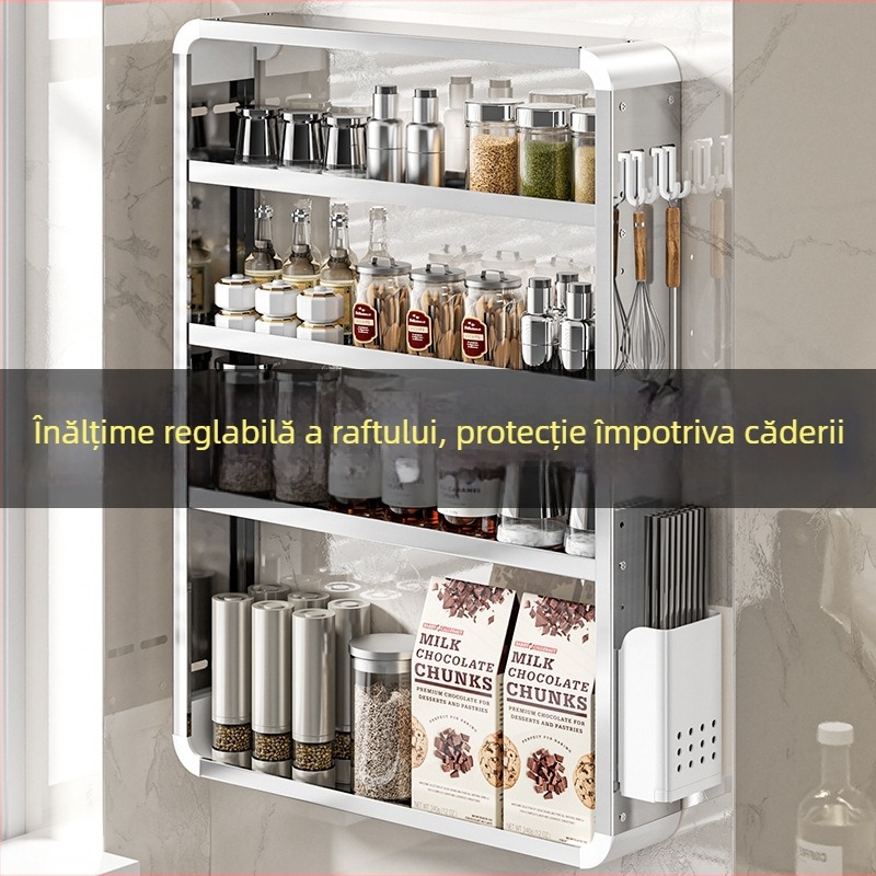 Raft de condimente din oțel inoxidabil, montaj pe perete, fără găuri, cu mai multe etaje