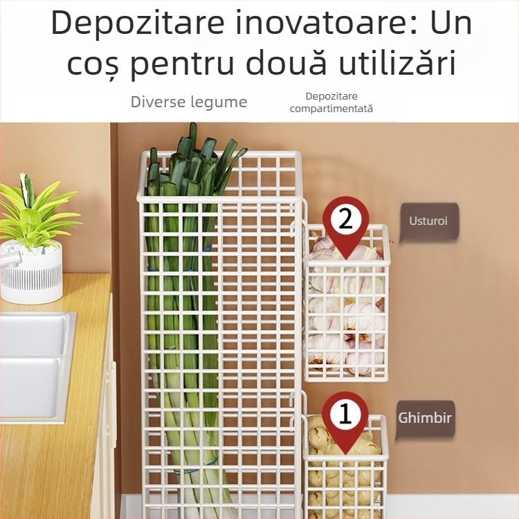Coș de depozitare din fier forjat, cu capacitate mare — raft de bucătărie multifuncțional pentru ceapă verde, ghimbir și usturoi; suport de podea