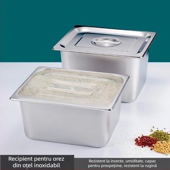 Recipient din oțel inoxidabil pentru depozitare orez, etanș, rezistent la umezeală și insecte, container de depozitare pătrățit pentru uz casnic, capacitate 20 kg și 10 kg