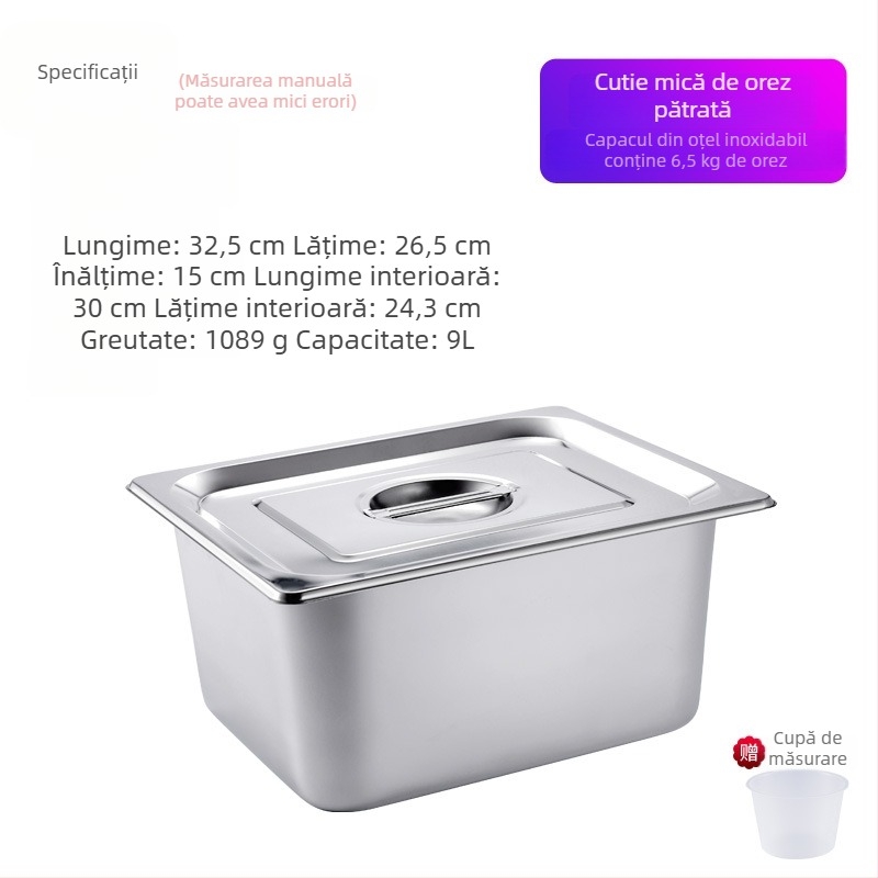 Recipient din oțel inoxidabil pentru depozitare orez, etanș, rezistent la umezeală și insecte, container de depozitare pătrățit pentru uz casnic, capacitate 20 kg și 10 kg