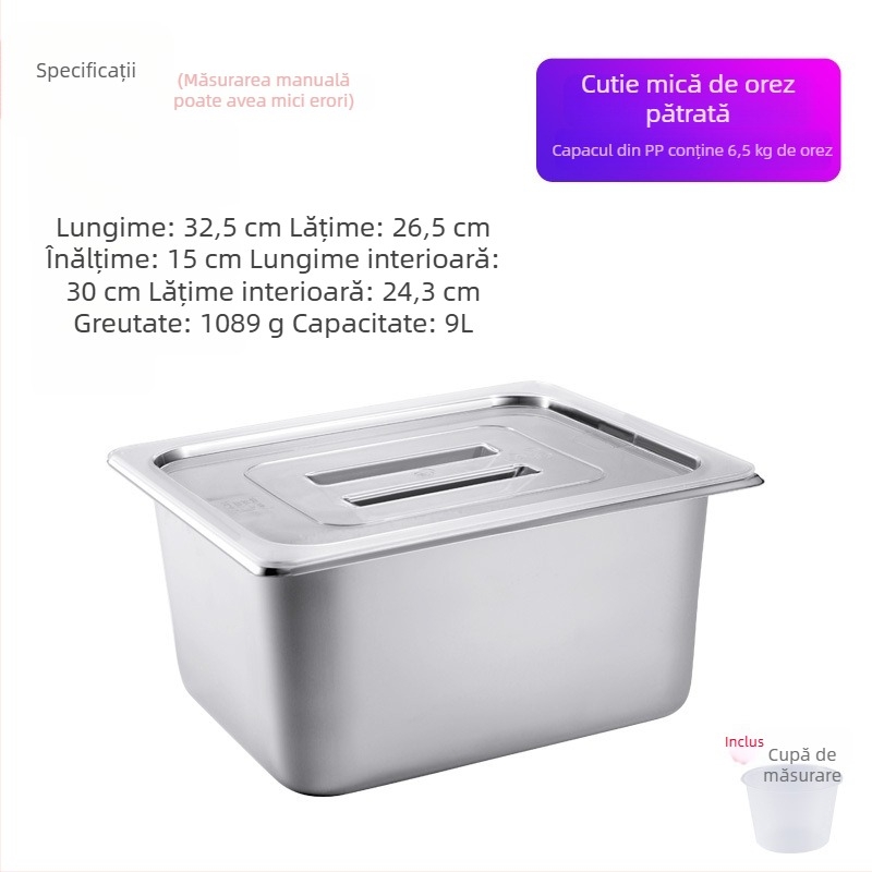 Recipient din oțel inoxidabil pentru depozitare orez, etanș, rezistent la umezeală și insecte, container de depozitare pătrățit pentru uz casnic, capacitate 20 kg și 10 kg