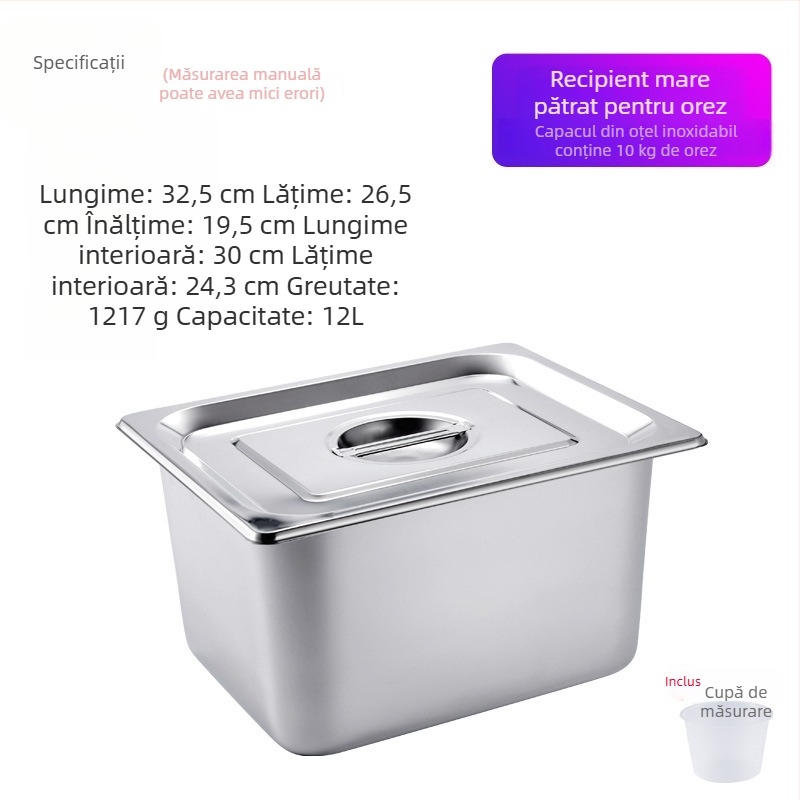 Recipient din oțel inoxidabil pentru depozitare orez, etanș, rezistent la umezeală și insecte, container de depozitare pătrățit pentru uz casnic, capacitate 20 kg și 10 kg