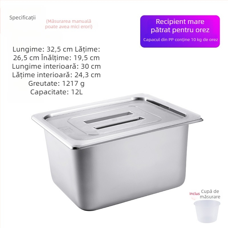Recipient din oțel inoxidabil pentru depozitare orez, etanș, rezistent la umezeală și insecte, container de depozitare pătrățit pentru uz casnic, capacitate 20 kg și 10 kg