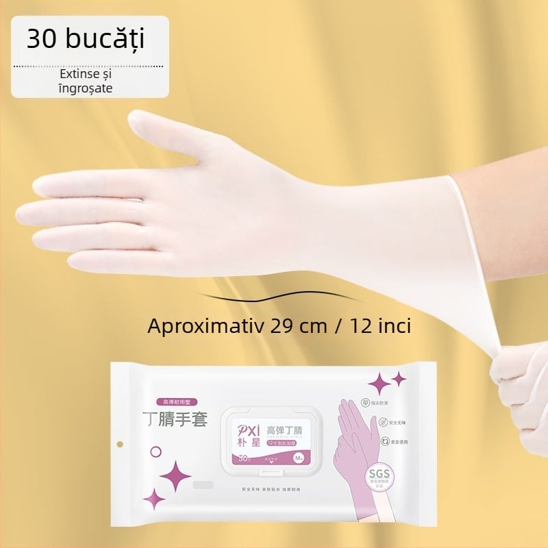 Mănuși de unică folosință din nitril, destinate contactului cu alimente, lungi și îngroșate, pentru curățenie în bucătărie și treburile casnice, durabile și impermeabile, confortabile la purtare.