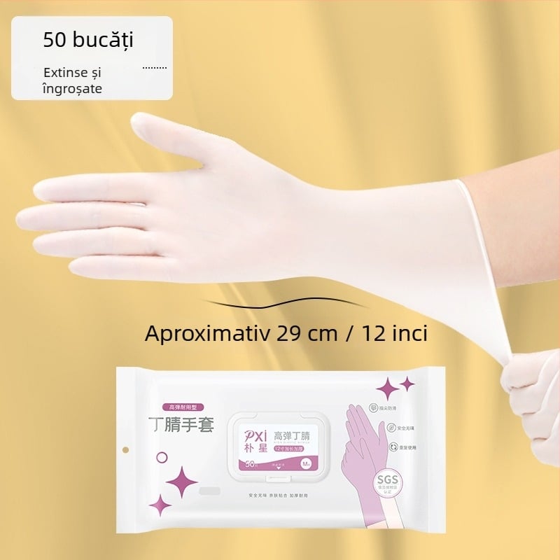 Mănuși de unică folosință din nitril, destinate contactului cu alimente, lungi și îngroșate, pentru curățenie în bucătărie și treburile casnice, durabile și impermeabile, confortabile la purtare.