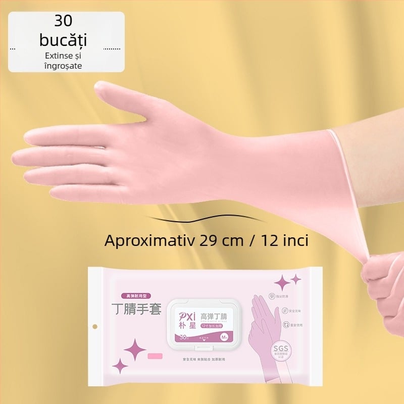 Mănuși de unică folosință din nitril, destinate contactului cu alimente, lungi și îngroșate, pentru curățenie în bucătărie și treburile casnice, durabile și impermeabile, confortabile la purtare.