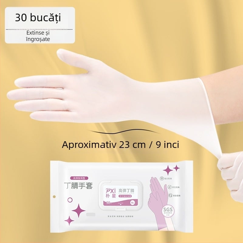 Mănuși de unică folosință din nitril, destinate contactului cu alimente, lungi și îngroșate, pentru curățenie în bucătărie și treburile casnice, durabile și impermeabile, confortabile la purtare.
