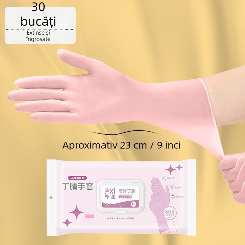 Mănuși de unică folosință din nitril, destinate contactului cu alimente, lungi și îngroșate, pentru curățenie în bucătărie și treburile casnice, durabile și impermeabile, confortabile la purtare.