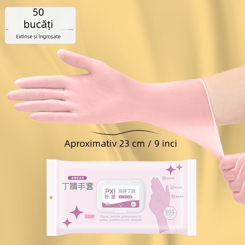 Mănuși de unică folosință din nitril, destinate contactului cu alimente, lungi și îngroșate, pentru curățenie în bucătărie și treburile casnice, durabile și impermeabile, confortabile la purtare.