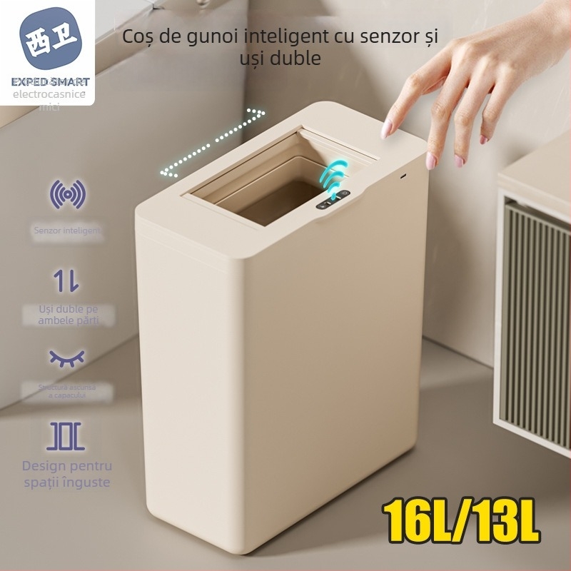 Coș de gunoi inteligent cu senzor, deschidere inductivă, formă pătrată îngustă, pentru baie, bucătărie și living