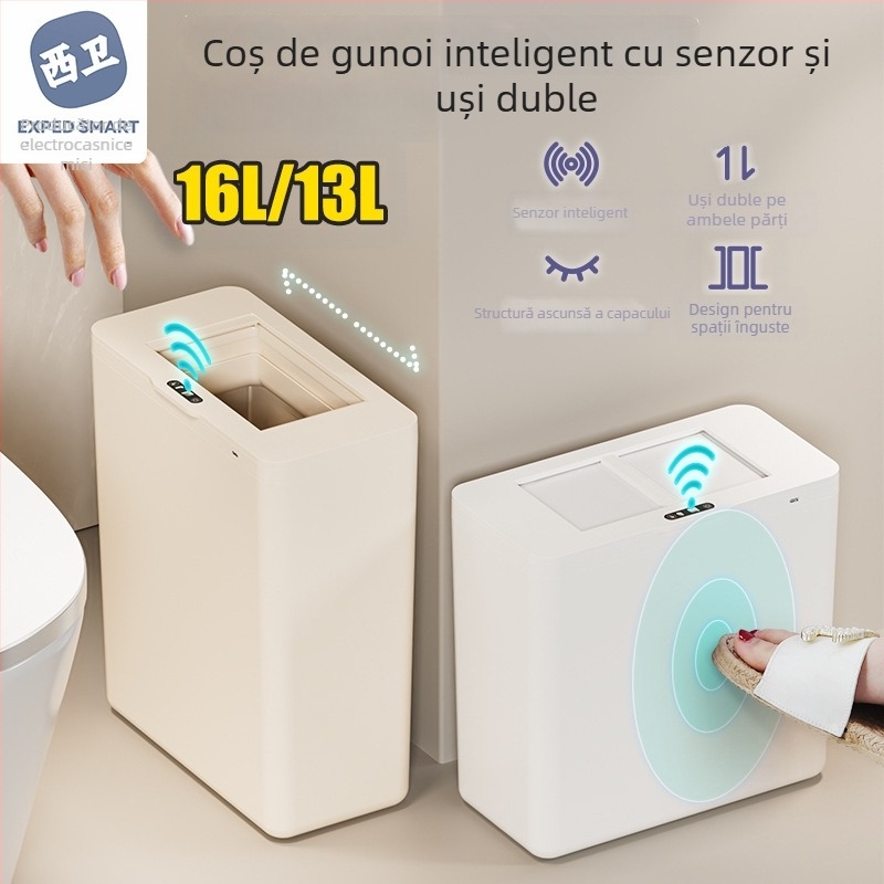 Coș de gunoi inteligent cu senzor, deschidere inductivă, formă pătrată îngustă, pentru baie, bucătărie și living
