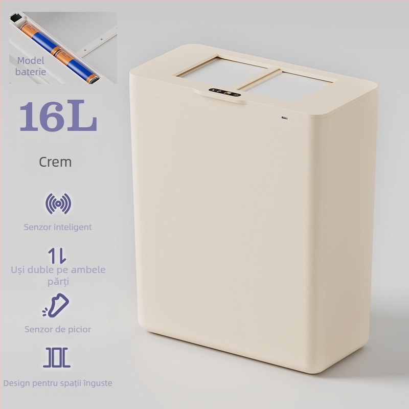 Coș de gunoi inteligent cu senzor, deschidere inductivă, formă pătrată îngustă, pentru baie, bucătărie și living