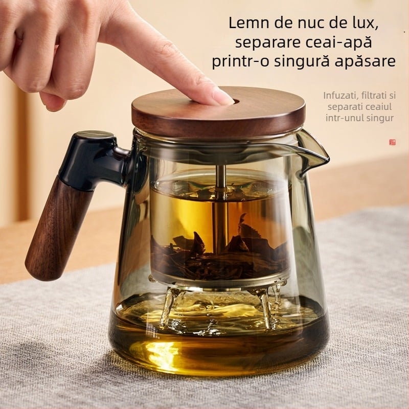 Jieanxi Ceainic cu filtru și infuzor, funcție One-Touch, separare ceai-apă, mâner din lemn, 750 ml