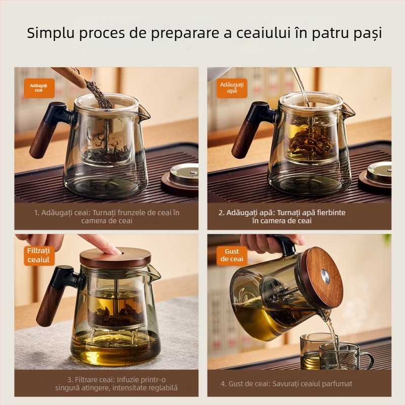 Jieanxi Ceainic cu filtru și infuzor, funcție One-Touch, separare ceai-apă, mâner din lemn, 750 ml