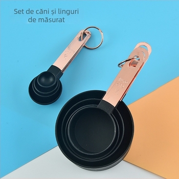Set plastic cești și linguri de măsurat cu mânere din oțel inoxidabil placate roz-auriu și scări de măsurare