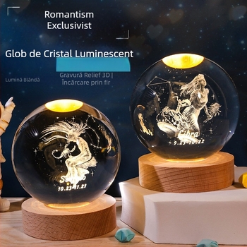 Bilă de cristal luminoasă cu 12 zodii, gravură interioară a Zodiei Balanța, bază din lemn, ornament decorativ creativ
