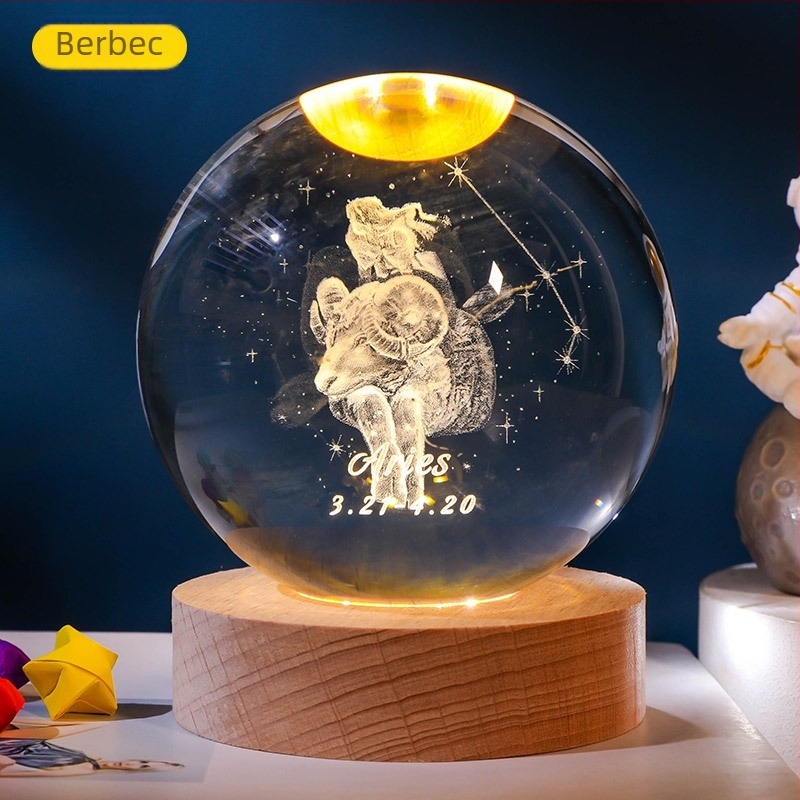 Bilă de cristal luminoasă cu 12 zodii, gravură interioară a Zodiei Balanța, bază din lemn, ornament decorativ creativ