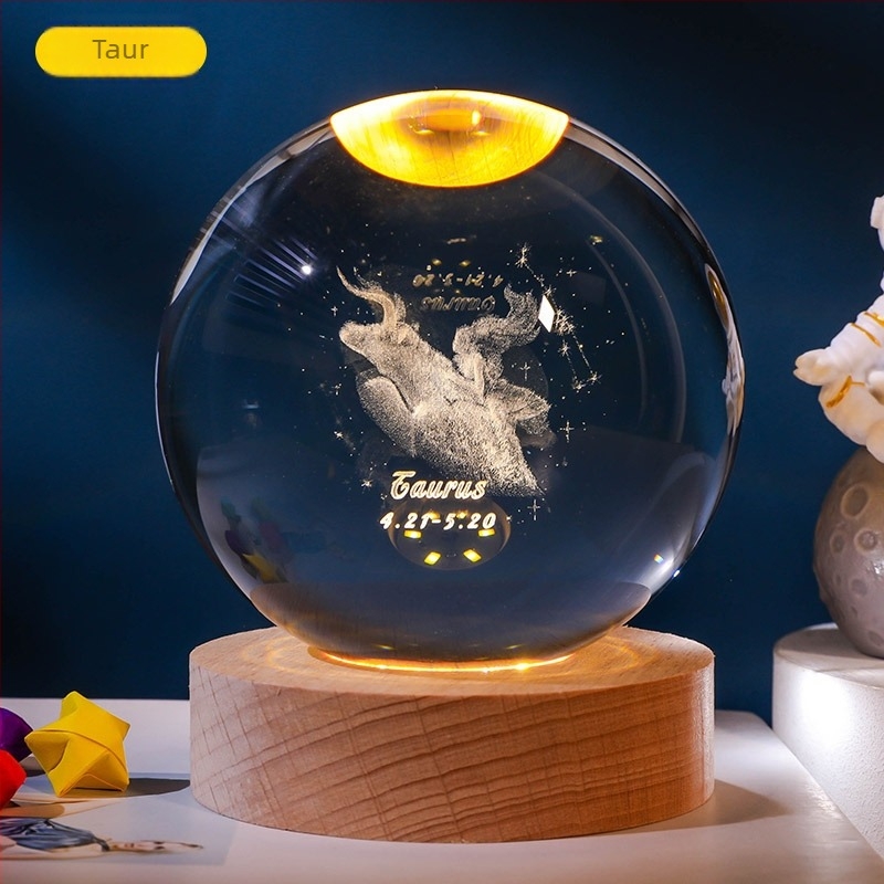 Bilă de cristal luminoasă cu 12 zodii, gravură interioară a Zodiei Balanța, bază din lemn, ornament decorativ creativ
