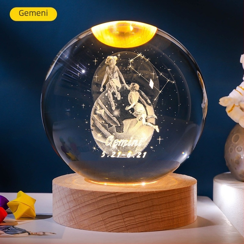 Bilă de cristal luminoasă cu 12 zodii, gravură interioară a Zodiei Balanța, bază din lemn, ornament decorativ creativ