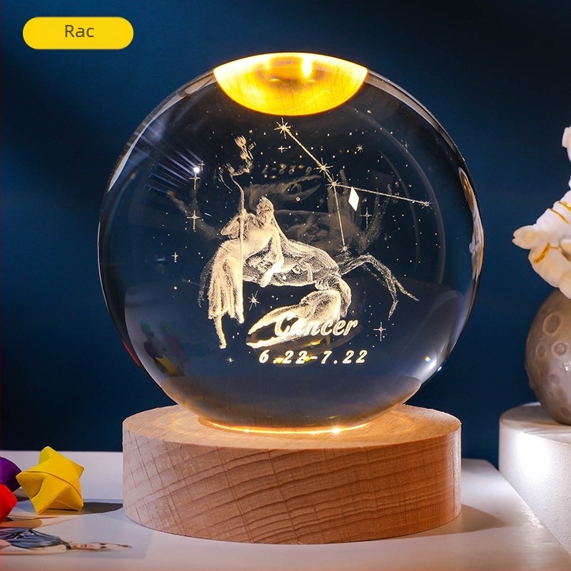 Bilă de cristal luminoasă cu 12 zodii, gravură interioară a Zodiei Balanța, bază din lemn, ornament decorativ creativ