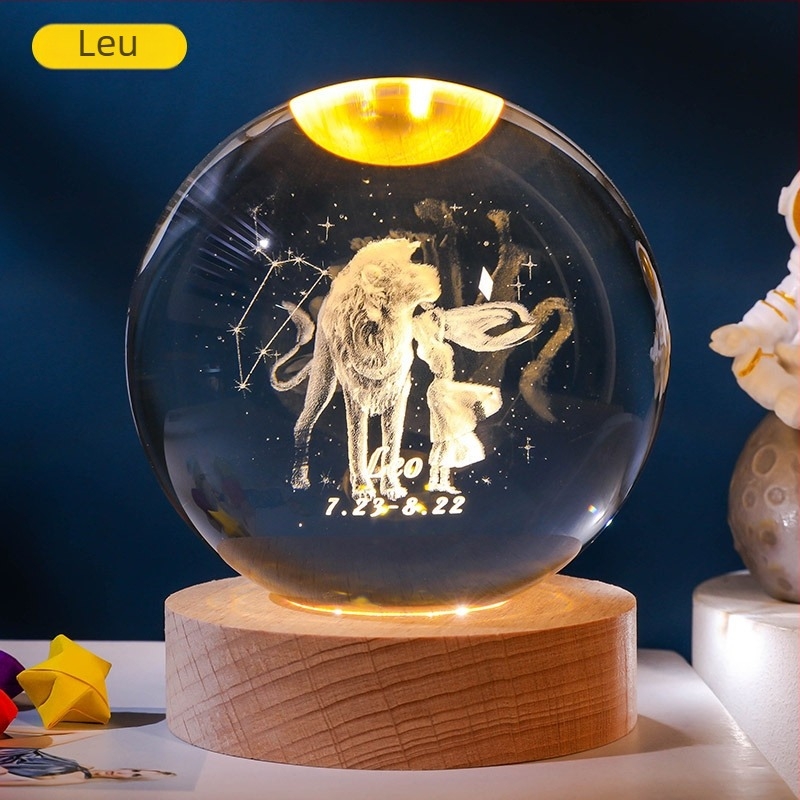 Bilă de cristal luminoasă cu 12 zodii, gravură interioară a Zodiei Balanța, bază din lemn, ornament decorativ creativ