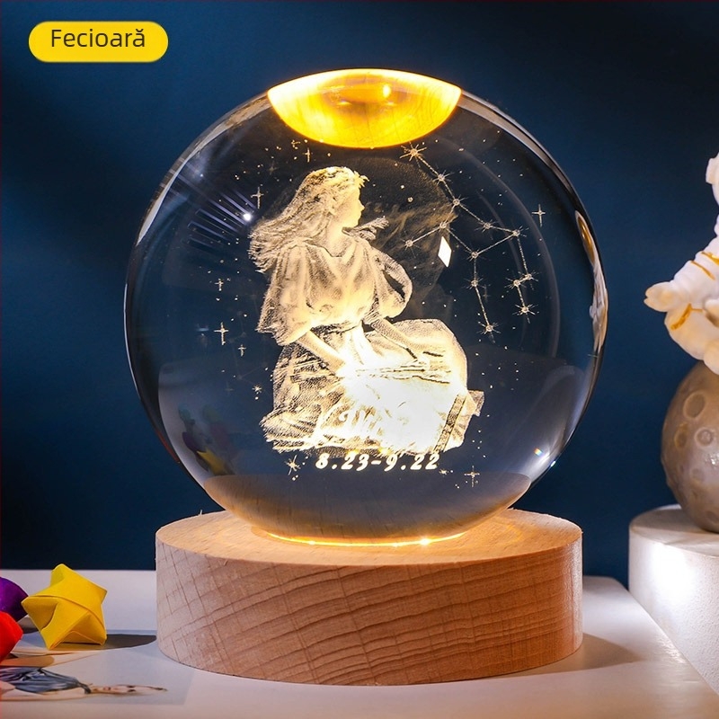 Bilă de cristal luminoasă cu 12 zodii, gravură interioară a Zodiei Balanța, bază din lemn, ornament decorativ creativ