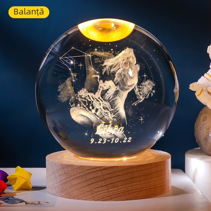 Bilă de cristal luminoasă cu 12 zodii, gravură interioară a Zodiei Balanța, bază din lemn, ornament decorativ creativ