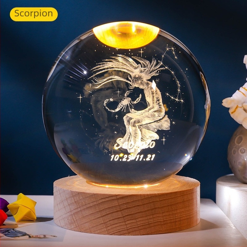 Bilă de cristal luminoasă cu 12 zodii, gravură interioară a Zodiei Balanța, bază din lemn, ornament decorativ creativ