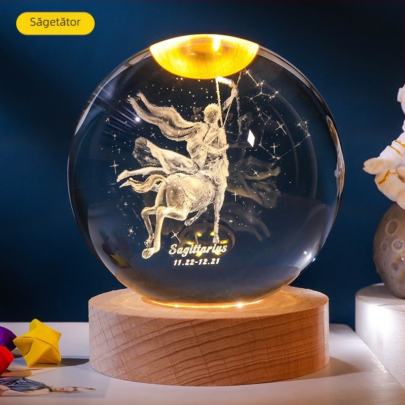 Bilă de cristal luminoasă cu 12 zodii, gravură interioară a Zodiei Balanța, bază din lemn, ornament decorativ creativ