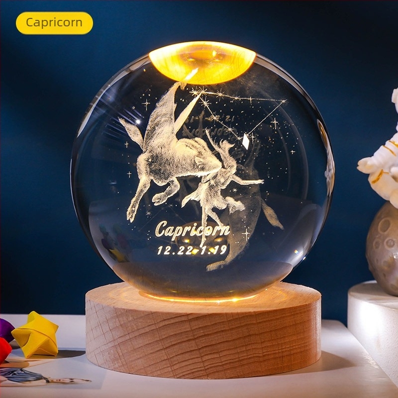 Bilă de cristal luminoasă cu 12 zodii, gravură interioară a Zodiei Balanța, bază din lemn, ornament decorativ creativ