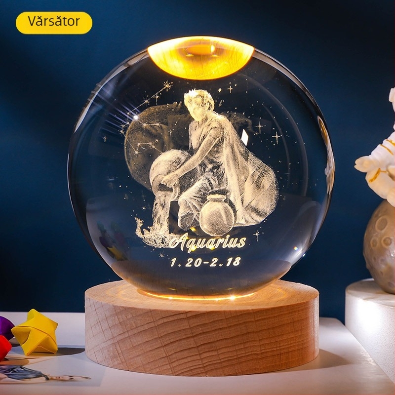 Bilă de cristal luminoasă cu 12 zodii, gravură interioară a Zodiei Balanța, bază din lemn, ornament decorativ creativ