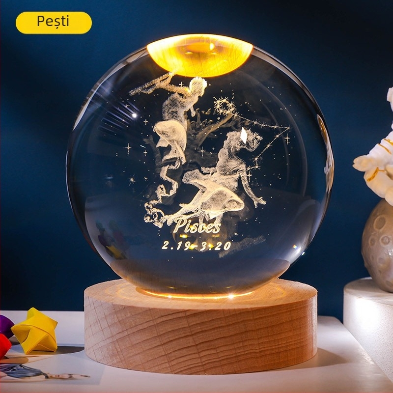 Bilă de cristal luminoasă cu 12 zodii, gravură interioară a Zodiei Balanța, bază din lemn, ornament decorativ creativ