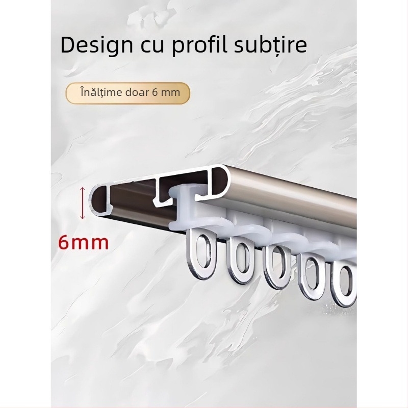 Șină de perdea autoadezivă ultra-subțire, 0,5 m, pentru ferestre cu deschidere spre interior, ferestre tip bay și balcoane, cu curbă în formă de U