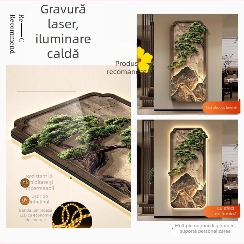 Tablou decorativ de intrare în stil nou chinezesc cu brad primitor și iluminare LED, peisaj modern pentru living