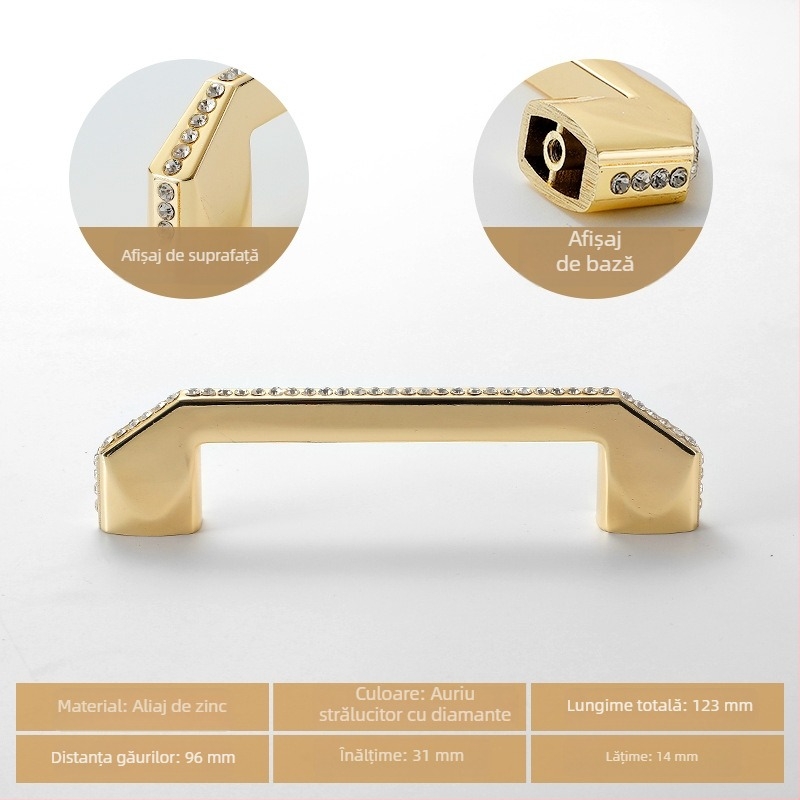 Mâner pentru mobilier din aliaj de zinc auriu, cu incrustații diamantate, pentru garderobă, sertare, dulap pentru pantofi și vin, stil european, montaj ascuns