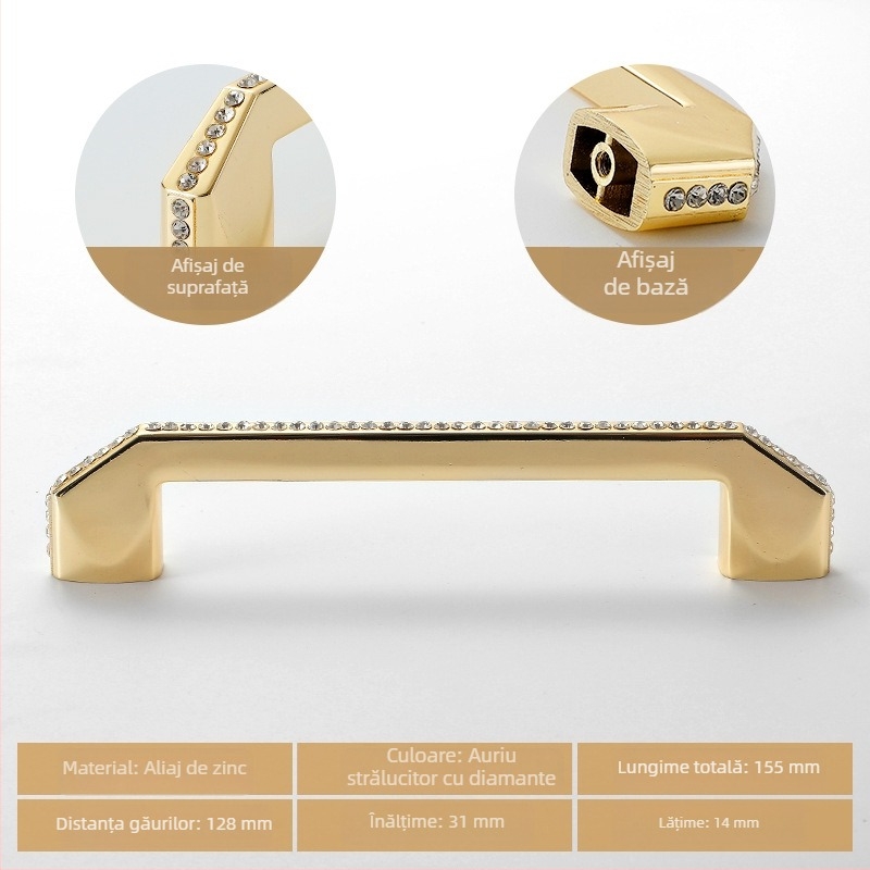 Mâner pentru mobilier din aliaj de zinc auriu, cu incrustații diamantate, pentru garderobă, sertare, dulap pentru pantofi și vin, stil european, montaj ascuns
