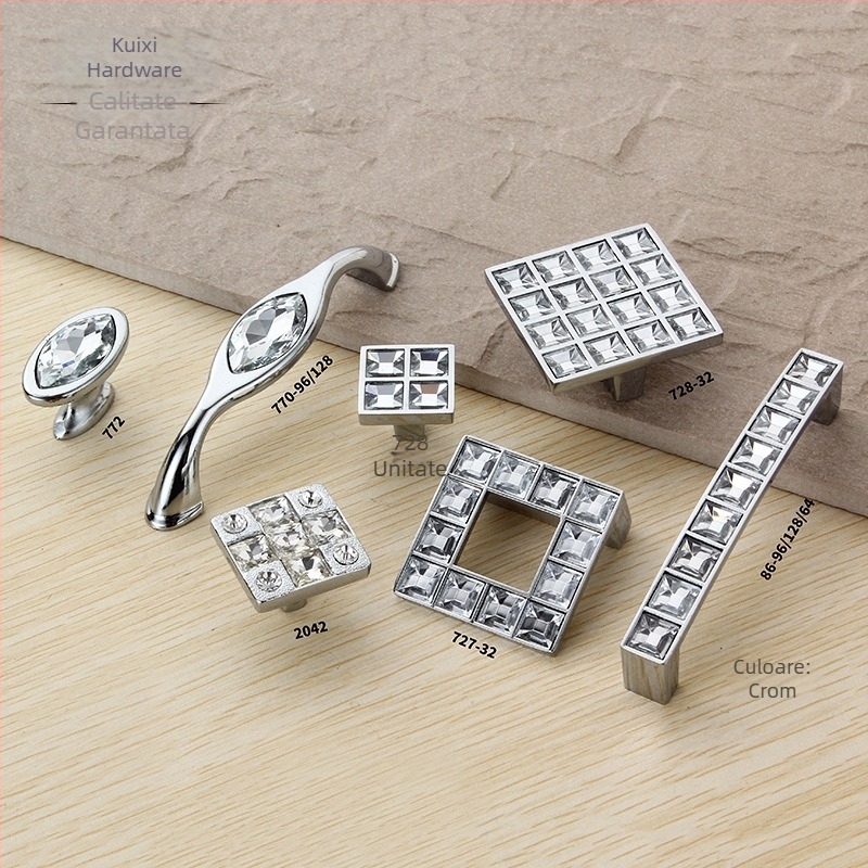 Mâner din cristal diamant pentru dulapuri și sertare, aliaj de zinc, finisaj satinat, stil postmodern minimalist