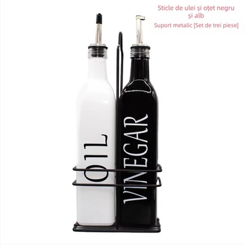Set de sticle din sticlă pentru bucătărie: ulei și oțet, design negru-alb, sticluță pulverizator ulei